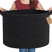 MEGASKET Large Black Blanket Basket, 22" X 22" X 14" Woven Rope Baskets for Storage, Kids Dog Toy Storage Baskets Organizer Bins, Blanket Storage for Living Room, Black Wicker Baskets for Organizing