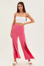 Hot Pink Wide Leg Pants High Rise Front Split - Size 14, Women's Wide Leg Pants