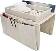 Sofa Armrest Organizer Caddy, 4 Pockets Couch Armchair Caddy TV Remote Control Holder Armchair Couch Bag with Cup Holder Tray for Snacks Glasses Smartphone Magazines(11.8x7.1x7.1in-Beige)