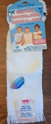 Charles Craft White Cross Stitch Baby Bib 14 Ct. Ez Stitch Border Velco Closure