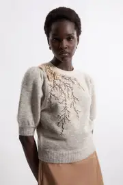 Flower And Beaded Puff Sleeve Knit Tee