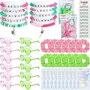 Flutesan 70 Pcs Witch Party Favors Pink and Green Heart Shaped Glasses Witch Theme Friendship Bracelets Pink and Green Hair Scrunchies with Thank You Stickers Laser Storage Bag for Wizard Fans Party