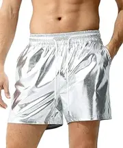 [Arjen Kroos] Men's Metallic Shorts Sexy Sparkly Rave Hot Short with Drawstrings and Side Pockets