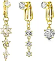 [Niaspi] 3Pcs CZ Crystal Heart Flower Dangle Fake Belly Button Rings for Women Non Piercing Clip On Belly Navel Rings Long Dangling Fake Belly Rings Non-Pierced Body Jewelry