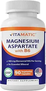 Vitamatic Magnesium Aspartate 400mg per Serving - 90 Vegetarian Capsules - Added B6 for Maximum Absorption - Supports Muscle, Joint, and Heart Health*