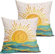 [aportt] Summer Sunrise Pillow Covers 18x18 Inch Set of 2 Bright Yellow Sun Beach Rustic Throw Pillow Cases Outdoor Linen Square Cushion Cover Farmhouse Decor for Bedroom Home Sofa Couch Bed