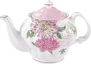 Bone China Teapot, English Teaset, Dahlia Floral Design with Golden Rim, 37 Oz