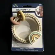 Itzy Rizty rattle. Rainbow Neutral Teether Braid Texture Dangle Ringing baby toy