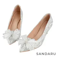 在飛比找momo購物網優惠-【SANDARU 山打努】跟鞋 蕾絲造型蝶結珠光中跟包鞋(銀