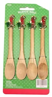 NEW Coffee Tea Wood Spoons Enamel Red Christmas Truck 4 PC Holiday Decorations