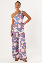 [PUP26] Zoya One Shoulder Jumpsuit - Flori Print XS Blue