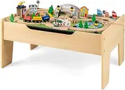 HONEY JOY All-in-One Kids Activity Table, 78 PCS Wooden Construction Train Table with Reversible Blackboard & Map Tabletop, Play Table for Children 3+ Years Old (Natural)