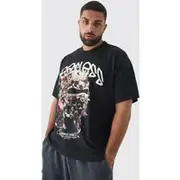 Mens Black Plus Oversized Fearless Floral Balaclava T-shirt