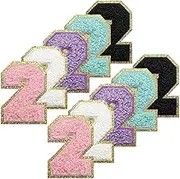 WILDREEDS 10Pcs Self Adhesive Iron on Number Patches, Chenille Number Patches with Gold Glitters Border, Chenille Embroidered Patch for Clothing, Number 2 (White, Black, Pink, Purple, Blue)