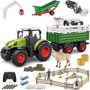 [fisca] Remote Control Tractor Farm Playset 2.4Ghz Electronic RC Tractor with Trailer and Conveyor, 45PCS Farm Toys Set with Farm Animals Figurines Fences Farmers for Kids Age 3+ Years Old