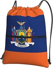 EdWal New York Flag Print Drawstring Backpack Gym Bags Sports Bags With Zipper Pocket For Travel Beach, Black, One Size