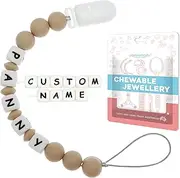 Personalised Dummy Clip – Customised Baby Name Soother Holder | Food-Grade Silicone Beads | Safe & Stylish Pacifier Chain (Oatmeal)
