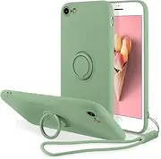 UEEBAI Case for iPhone SE 2022 5G/iPhone 7/iPhone 8/iPhone SE 2020, Silicone Mobile Phone Case with 360 Degree Rotating Ring Holder, Hand Strap, Car Holder, Protective TPU Bumper Case Cover - Matcha