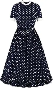 [YLDCN] Women's Skirts Short Sleeve Polka Dot Vintage Summer High Waist Women Ruffle Hem Long Dresses