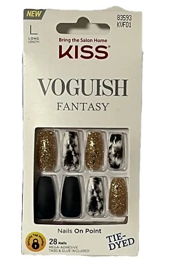 KISS Voguish Fantasy Nails Long Length Black Gold Glitter Tie Dye 28 Nails NEW