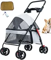 Pet Stroller, Foldable Cat Dog Carrier Backpack, Pet Folding Stroller with Cup Holder&4 Wheels,Removable carrier for small/medium animals. Has waterproof pad & sun shade. Fits small animals under 22 lbs.