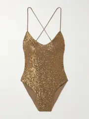 [Norma Kamali] Norma Kamali - Fara Open-back Sequined Mesh Bodysuit - Gold - medium medium Gold