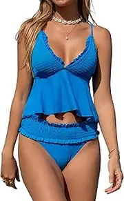 [Beachsissi] Womens Ruffle Swimsuits Two Piece Smocked Stringy Selvedge Tankini Set