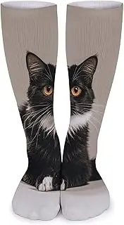 [GHBNK] Black Cat with White Crew Athletic Socks Soft Breathable Socks Winter Warm Stockings for Women Men