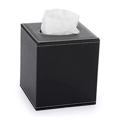 Square Leather Tissue Box Cover - Stylish Cube Tissue Box Holder with Black