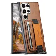 H13 For Samsung Galaxy S22 Ultra 5G Card Holder Case Leather Coated Phone Cover with Hand Strap