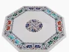 Octagon White Marble Coffee Table Top Multi Precious Stone Work Breakfast Table