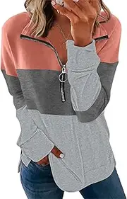 [Generic] Women'S Loose Quarter Zip Pullover Tops Casual Long Sleeve Zipper Pullover Sweatshirt Side Split Color Block Sweater