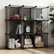 Ricjurzzty Open Versatile PP Resin Storage Rack Organizer Shelf for Books,Toys,and Decor,Stackable Bookcase Cabinet Wardrobe Closet Shelves for Home,Office,Kids Bed Room (Black Translucent, 9 Cubes)