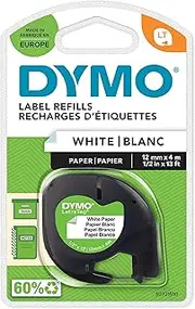 DYMO LetraTag Paper Labels | Authentic | 12 mm x 4 m Roll | Black Print on White | Self-Adhesive Multipurpose Labels for LetraTag Label Makers | Made in Europe