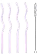 Glass Straws Wavy High Borosilicate Transparent Bent Straws for Beverages, Coffee, Milk and Tea Straws (Pink)