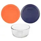 Pyrex (1) 7200 2 Cup Glass Bowl & (1) 7200-PC Orange & (1) 7200-PC Dark Blue Lid