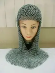 Vintage Heavy Metal Medieval 10 mm Butted Chain mail Mesh Armor Hood Round Neck
