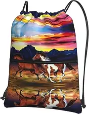 EdWal Running Horses Print Drawstring Backpack Gym Bags Sports Bags With Zipper Pocket For Travel Beach, Black, One Size