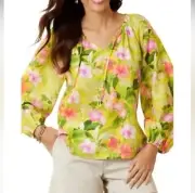 New Tommy Bahama Happy Hour Flower Silk Blend Peasant Top Yellow