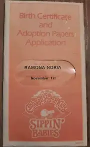 Cabbage Patch Kids SIPPIN BABIES Birth Certificate & Adoption Papers Ramona Nori