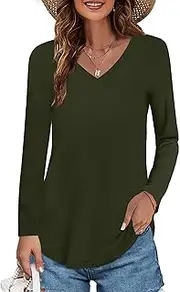 [Elesomo] Tunic Women's V Neck Top Casual Long Shirt Cotton Army Green M, a:Army green01, M