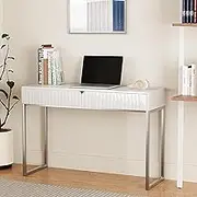White Vanity Desk with 2 Drawers, Silver and White Desk,Home Office Desk Modern Makeup Vanity Table with Glossy Desktop,Writing Computer Standing Desk with Wood Top and Metal Legs