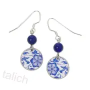 Lemon Tree Earrings Blue Floral Print Disc with Blue Bead Unique Handmade Gift