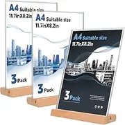 FayrVind 3 Pack Acrylic A4 Sign Holder, Wooden Base Table Number Holder, Doubel-sided Menu Display Stand, Clear Signage Holder for Wedding, Vendor Booth, Farmer Market Small Business Retail Display