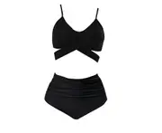 Women's Bikini Set High Waisted Spaghetti Straps Bra and Panties Swimsuit Two Piece Set - Black