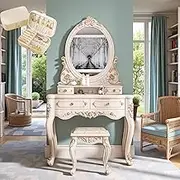 European Vintage Dressing Table, Vanity Desk for Bedroom, HD Lighted Mirror 3 Lighting Modes, Pack of Jewelry Box(80cm)