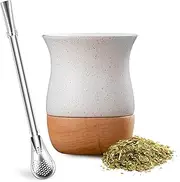 Yerba Mate Cup,8 OZ Ceramic and Wood Gourd, Bombilla Straw and Cleaning Brush - Perfect for Traditional Preparation and Modern Style