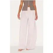 Stone Woven Pleat Detail Wide Leg Tailored Pants, Stone