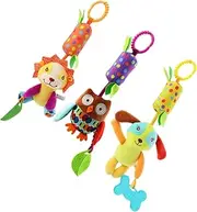 ULDIGI 3pcs Bedside Bells Rattle Cartoon Animal Wind Chime Lion Dog Owl for Crib Stroller Carrier Develops Tactile Senses Coordination
