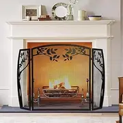Heavy Duty 3-Panel Stove Curtain, Wrought Iron Mesh Fireplace Screen Door for Charcoal Fire/Gas Fireplace/Wood Firing
